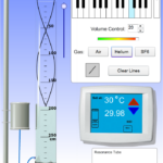 The image shows a digital representation of an experiment that uses a keyboard and a resonance tube to test the properties of sound in different gases and at different temperatures. Variables include gas, volume, and tone.