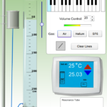 The image shows a digital representation of an experiment that uses a keyboard and a resonance tube to test the properties of sound in different gases and at different temperatures. Variables include gas, volume, and tone.