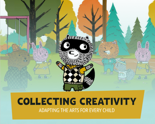 An image of a cartoon raccoon named Carl and the title of the course Collecting Creativity.