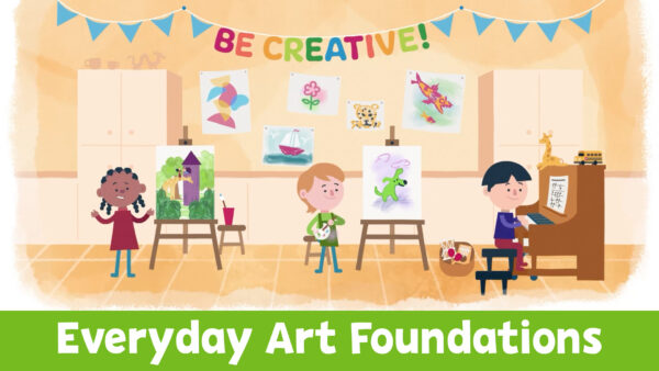 An illustration of three students working on arts projects in the classroom, with a caption of "Everyday Arts Foundations".